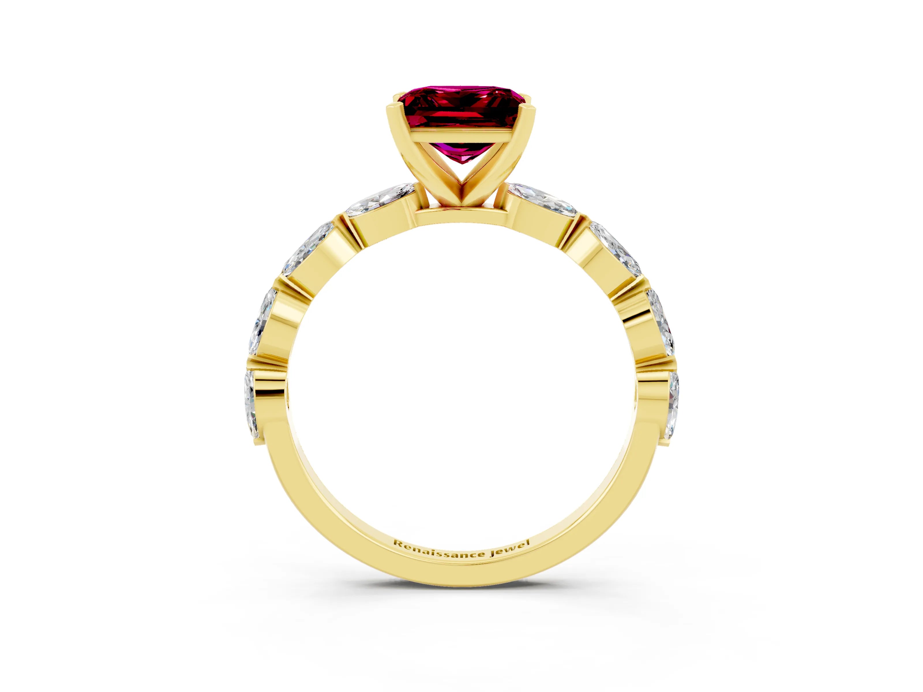 Yellow gold Princess Cut Garnet Ring with Marquise Side Stones and Prong Setting_3