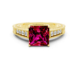 Yellow gold Princess Cut Garnet Ring with Milgrain Pavé Band and Four-Prong Setting_12