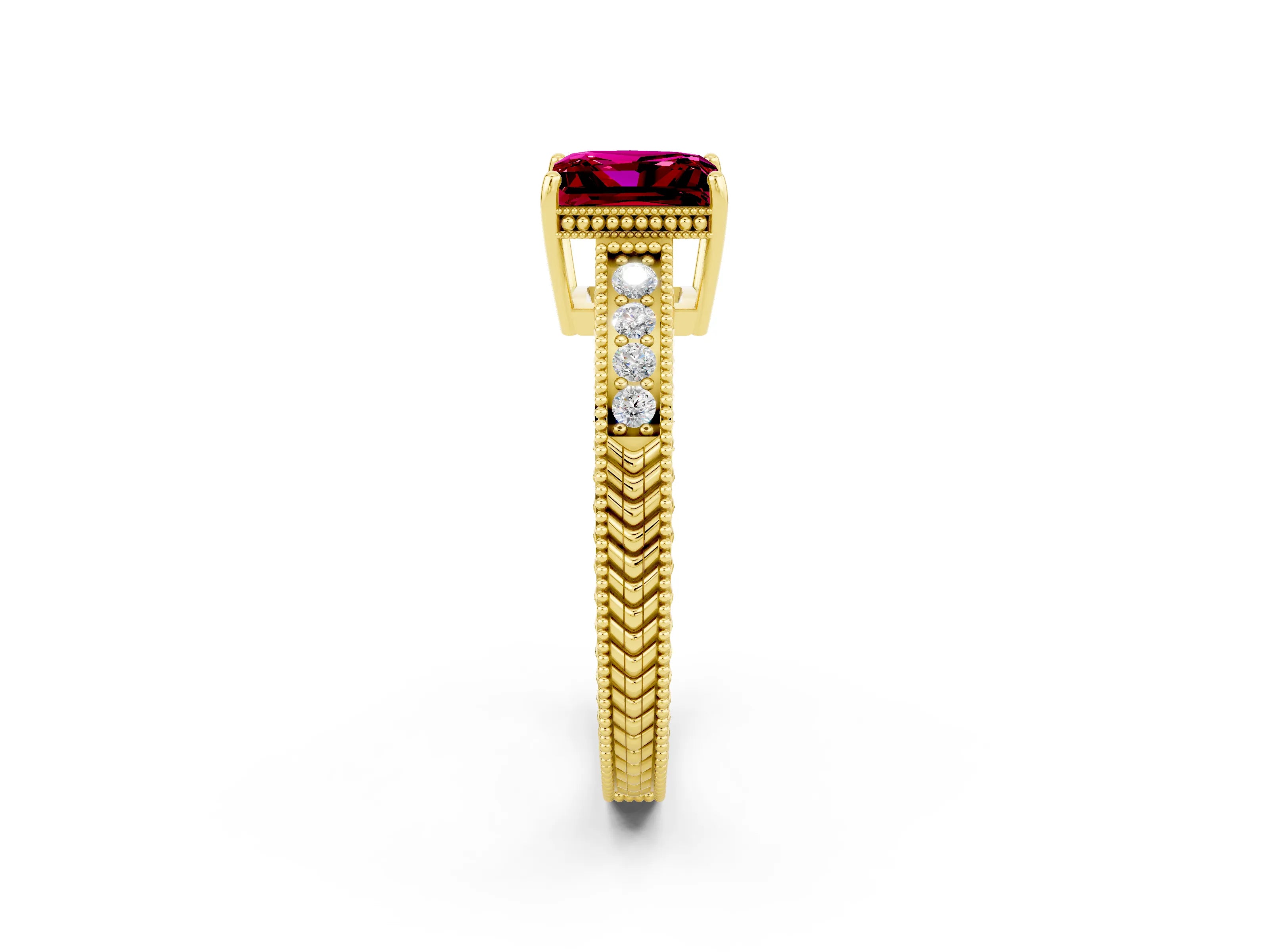 Yellow gold Princess Cut Garnet Ring with Milgrain Pavé Band and Four-Prong Setting_14