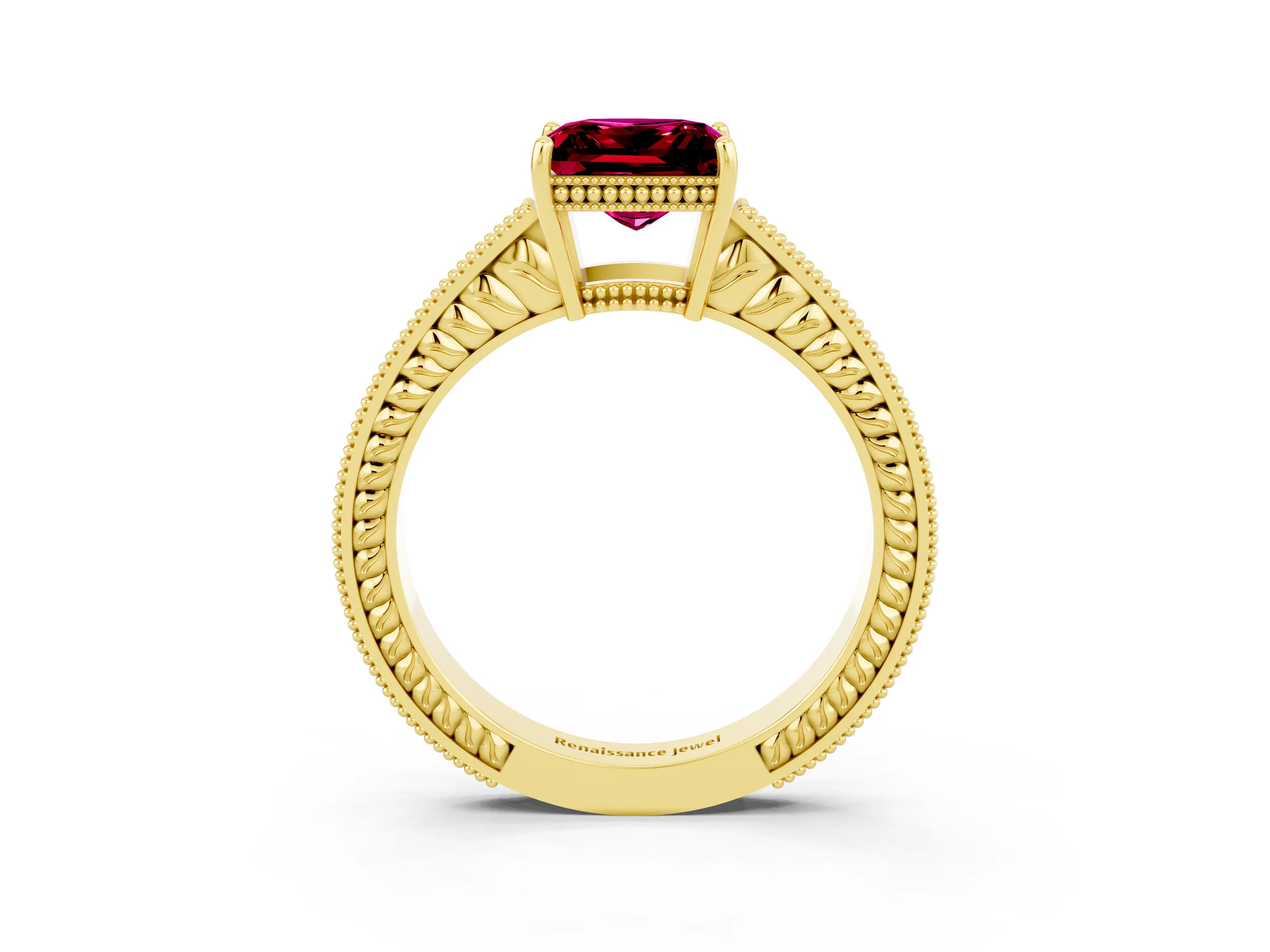 Yellow gold Princess Cut Garnet Ring with Milgrain Pavé Band and Four-Prong Setting_15