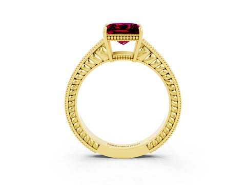 Yellow gold Princess Cut Garnet Ring with Milgrain Pavé Band and Four-Prong Setting_15