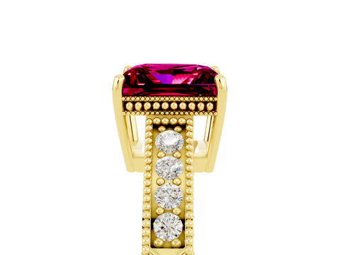 Yellow gold Princess Cut Garnet Ring with Milgrain Pavé Band and Four-Prong Setting_17