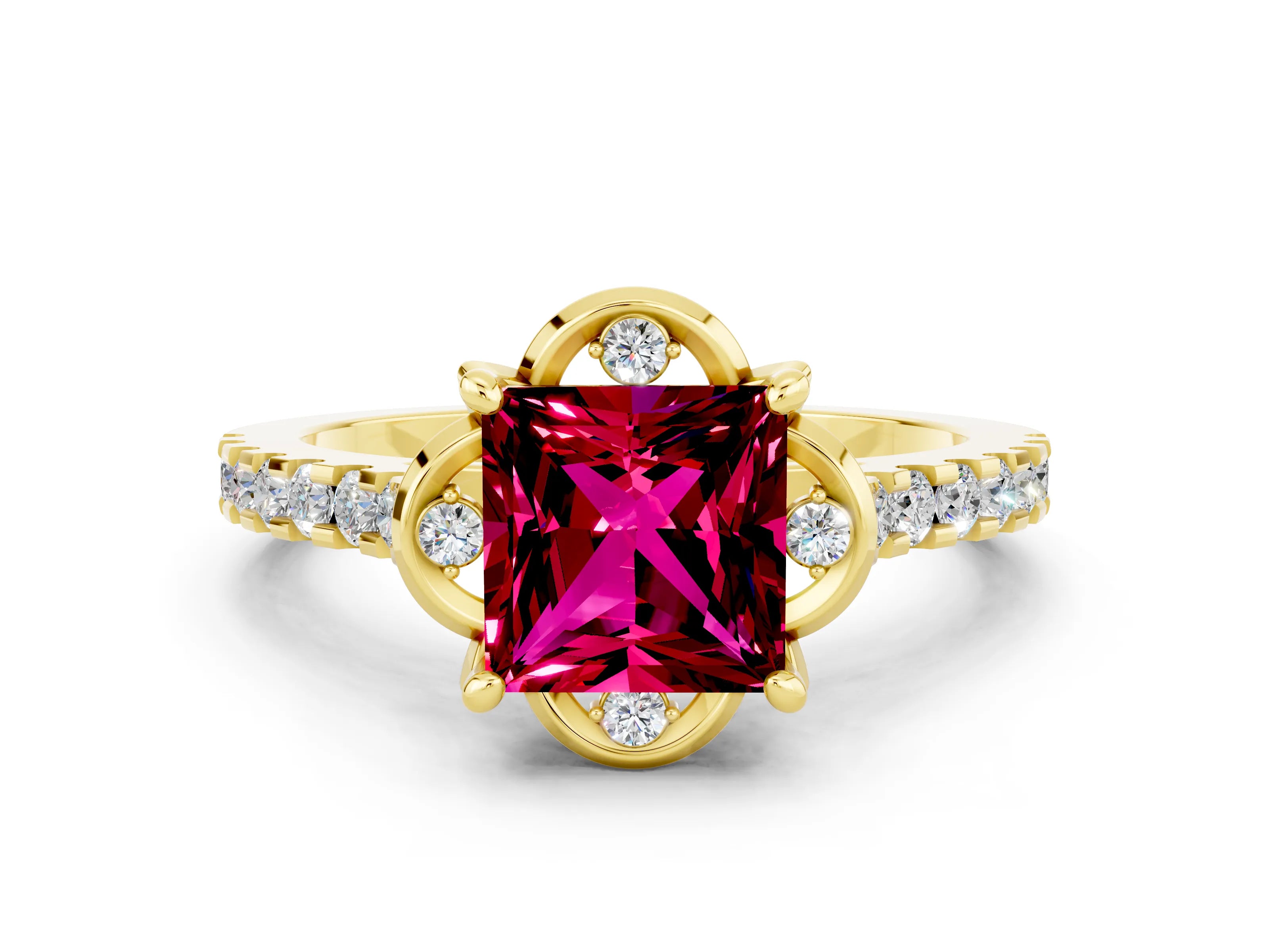 Yellow gold Princess Cut Garnet Ring with Pavé Band and Floral Prong Setting