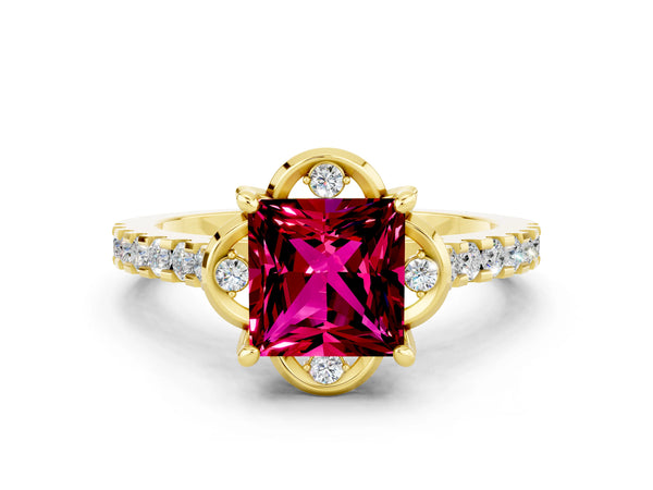 Yellow gold Princess Cut Garnet Ring with Pavé Band and Floral Prong Setting