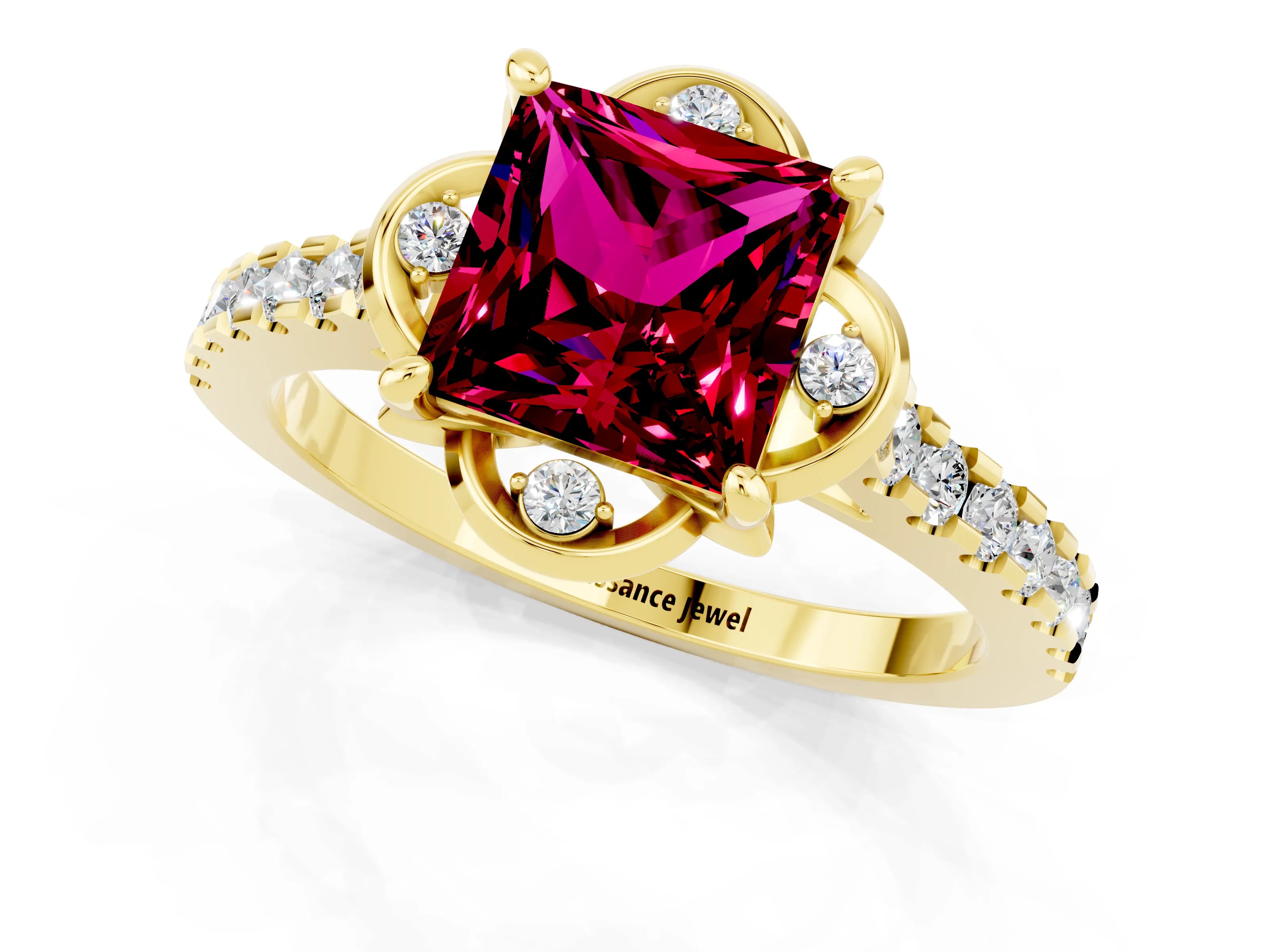 Yellow gold Princess Cut Garnet Ring with Pavé Band and Floral Prong Setting_1