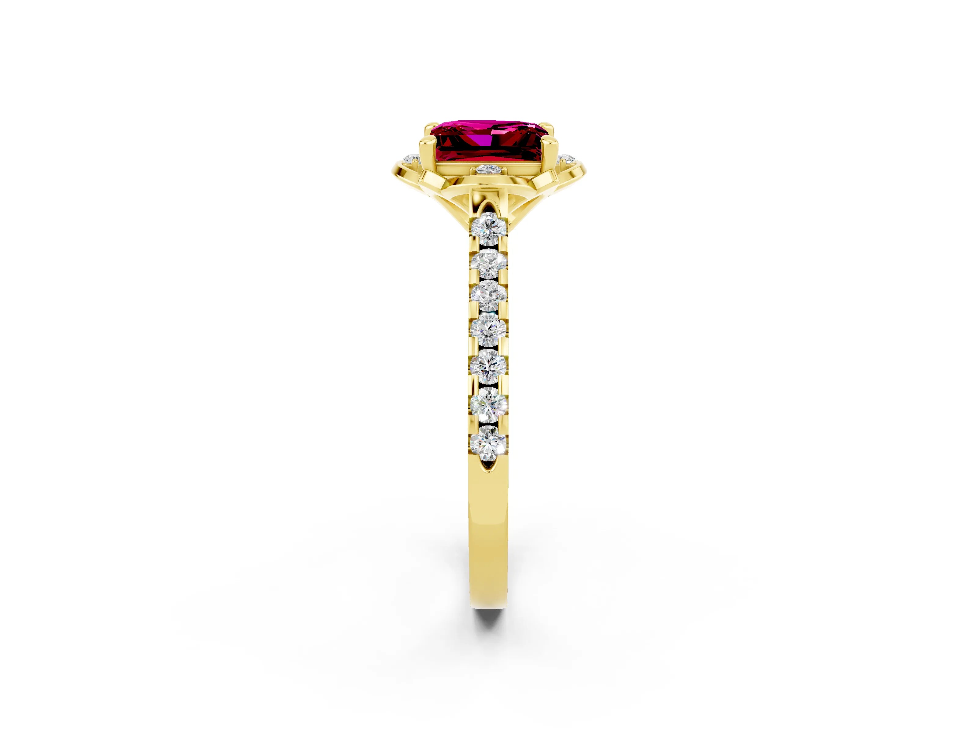 Yellow gold Princess Cut Garnet Ring with Pavé Band and Floral Prong Setting_2
