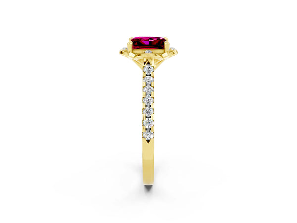 Yellow gold Princess Cut Garnet Ring with Pavé Band and Floral Prong Setting