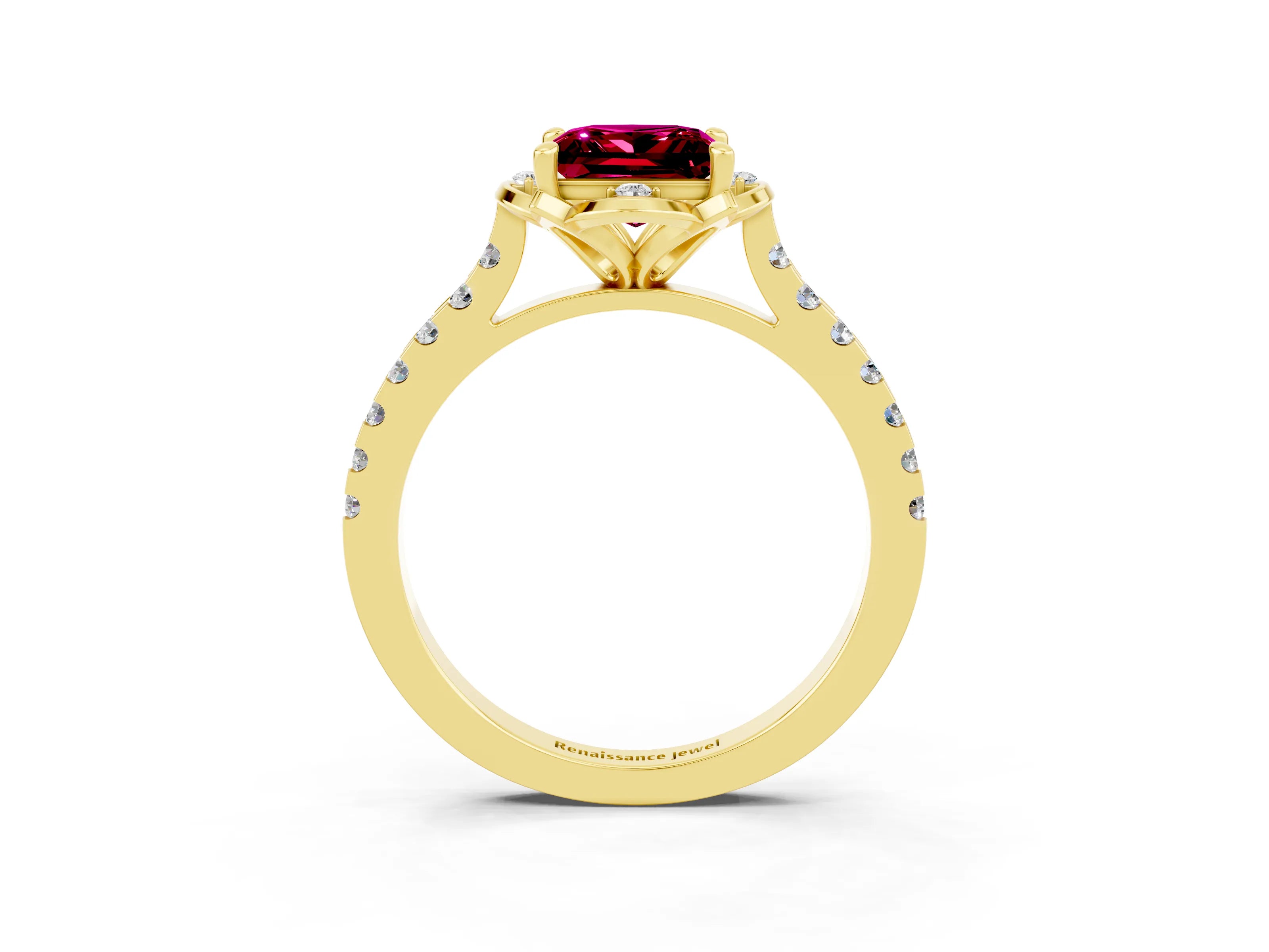 Yellow gold Princess Cut Garnet Ring with Pavé Band and Floral Prong Setting_3
