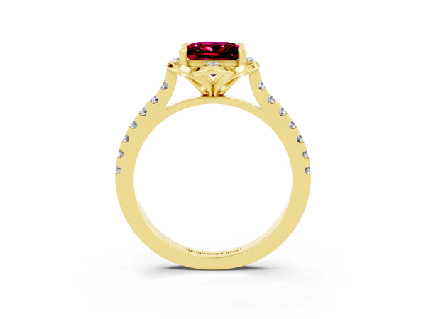 Yellow gold Princess Cut Garnet Ring with Pavé Band and Floral Prong Setting