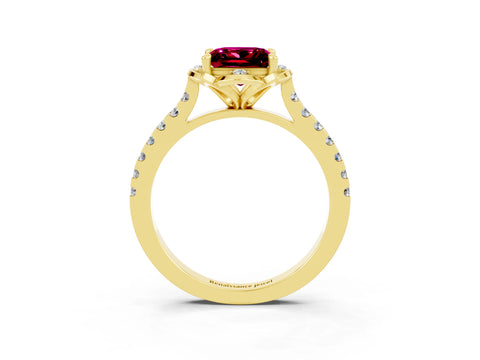 Yellow gold Princess Cut Garnet Ring with Pavé Band and Floral Prong Setting_3