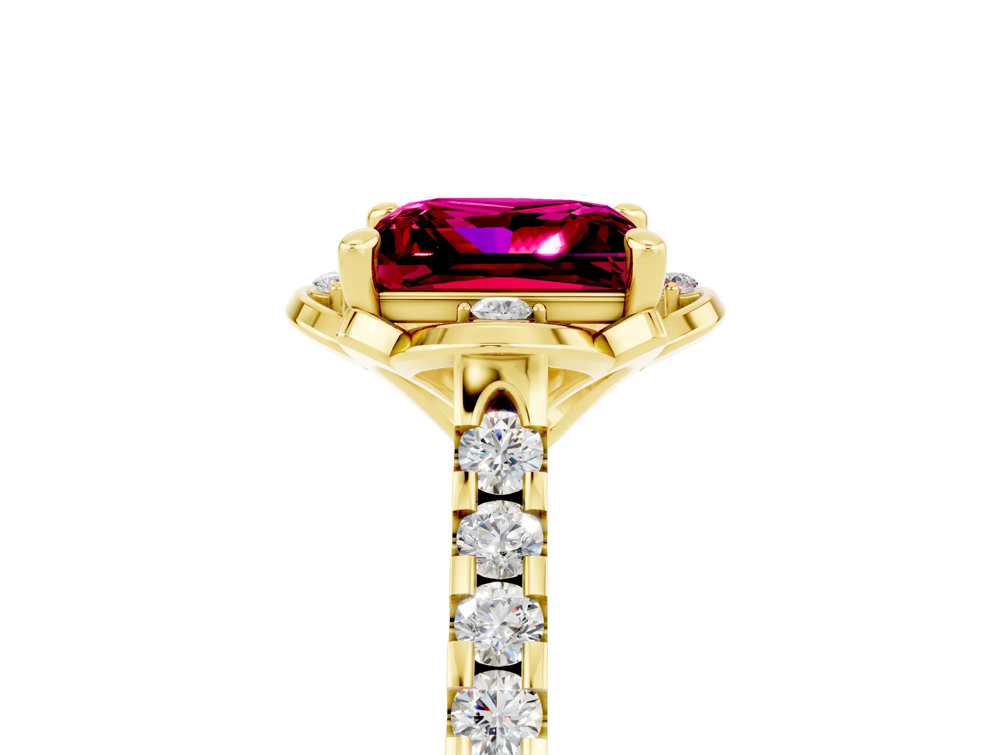 Yellow gold Princess Cut Garnet Ring with Pavé Band and Floral Prong Setting_5