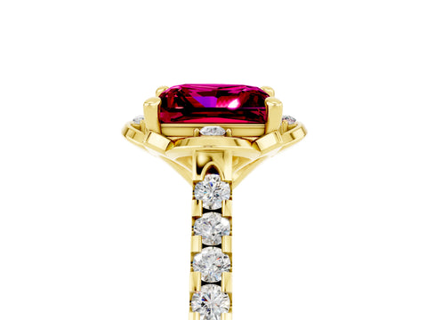 Yellow gold Princess Cut Garnet Ring with Pavé Band and Floral Prong Setting_5