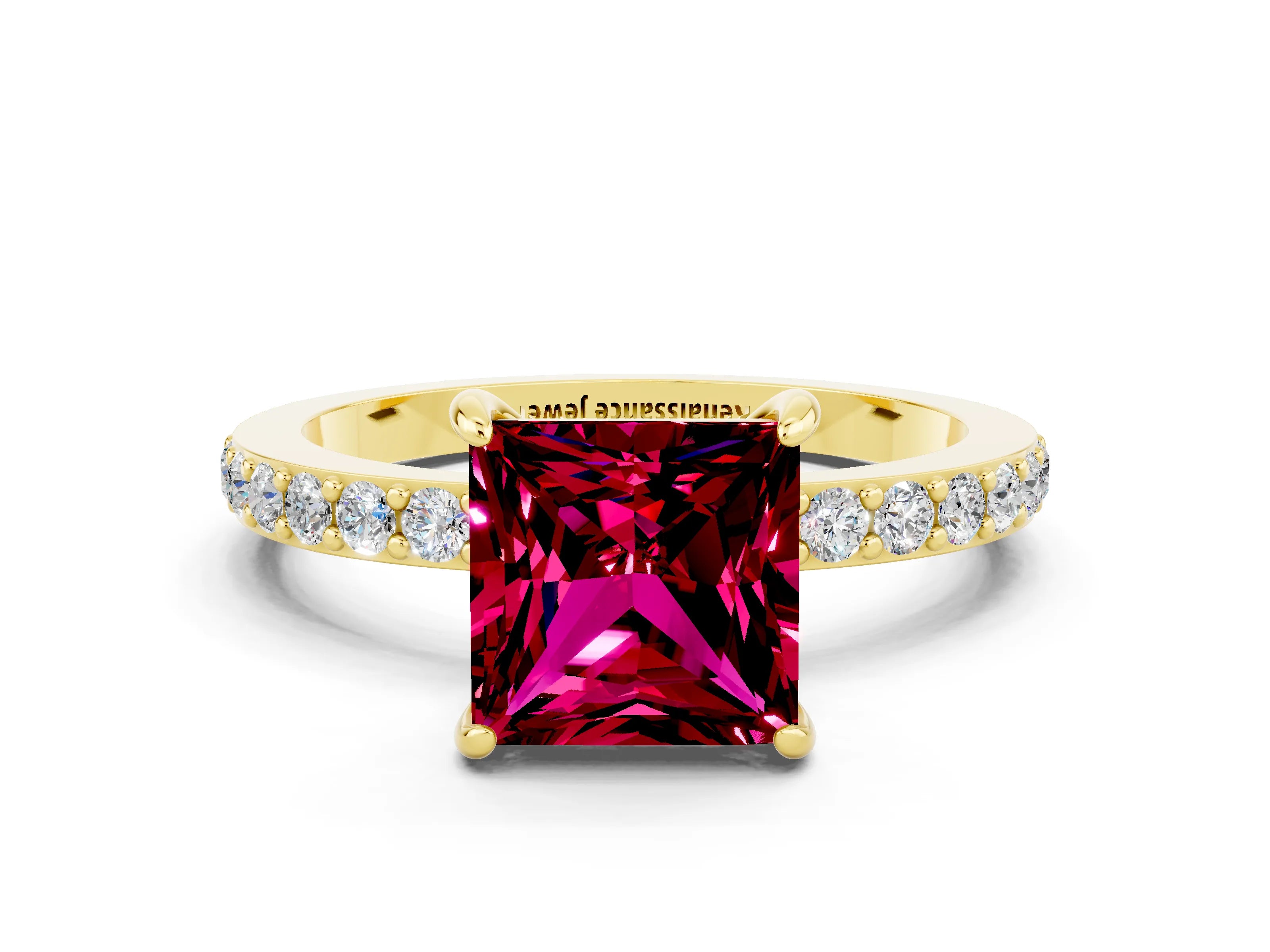 Yellow gold Princess Cut Garnet Ring with Pavé Band and Four-Prong Setting
