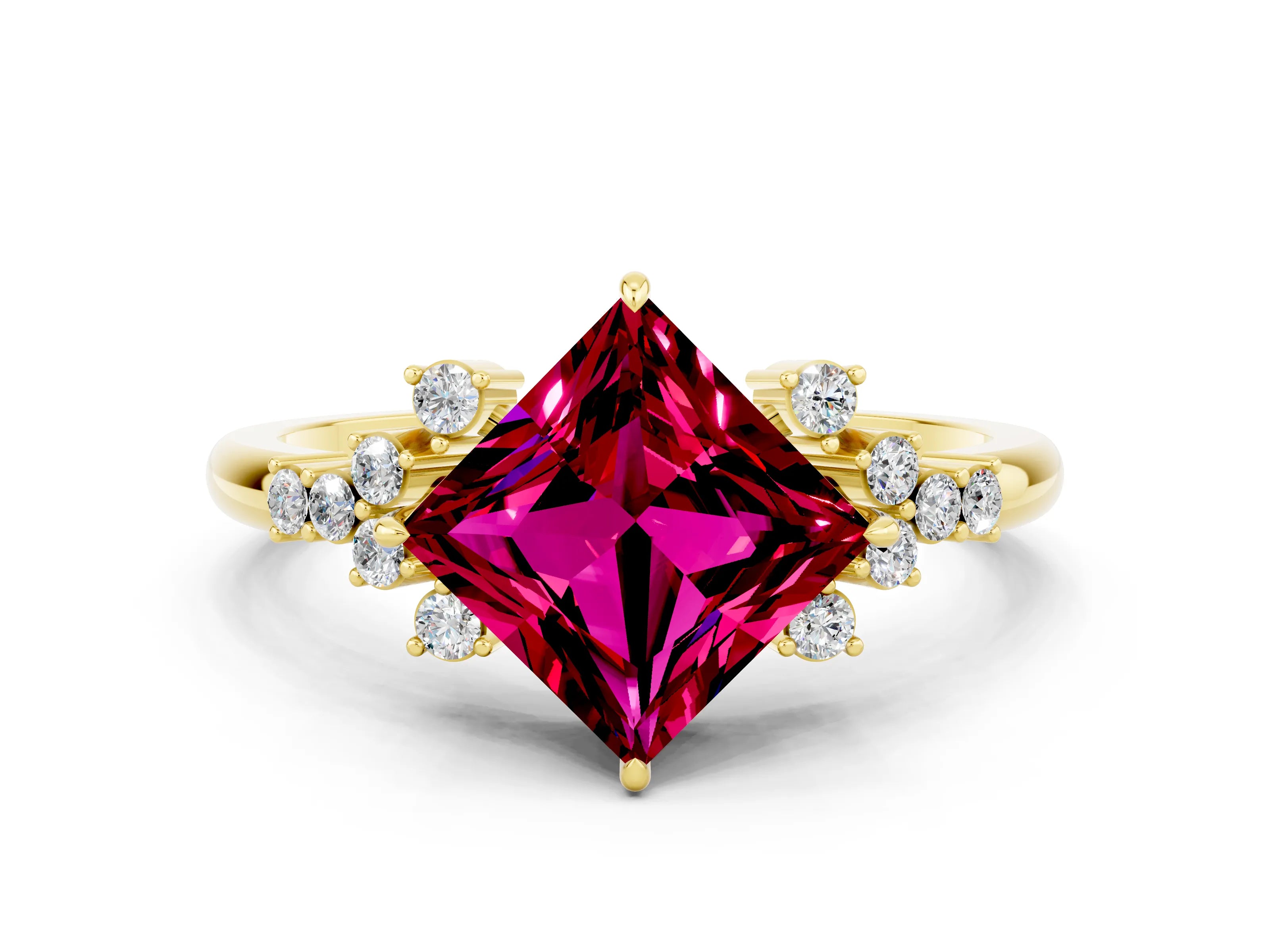 Yellow gold Princess Cut Garnet Ring with Side Stones and Four-Prong Setting_37