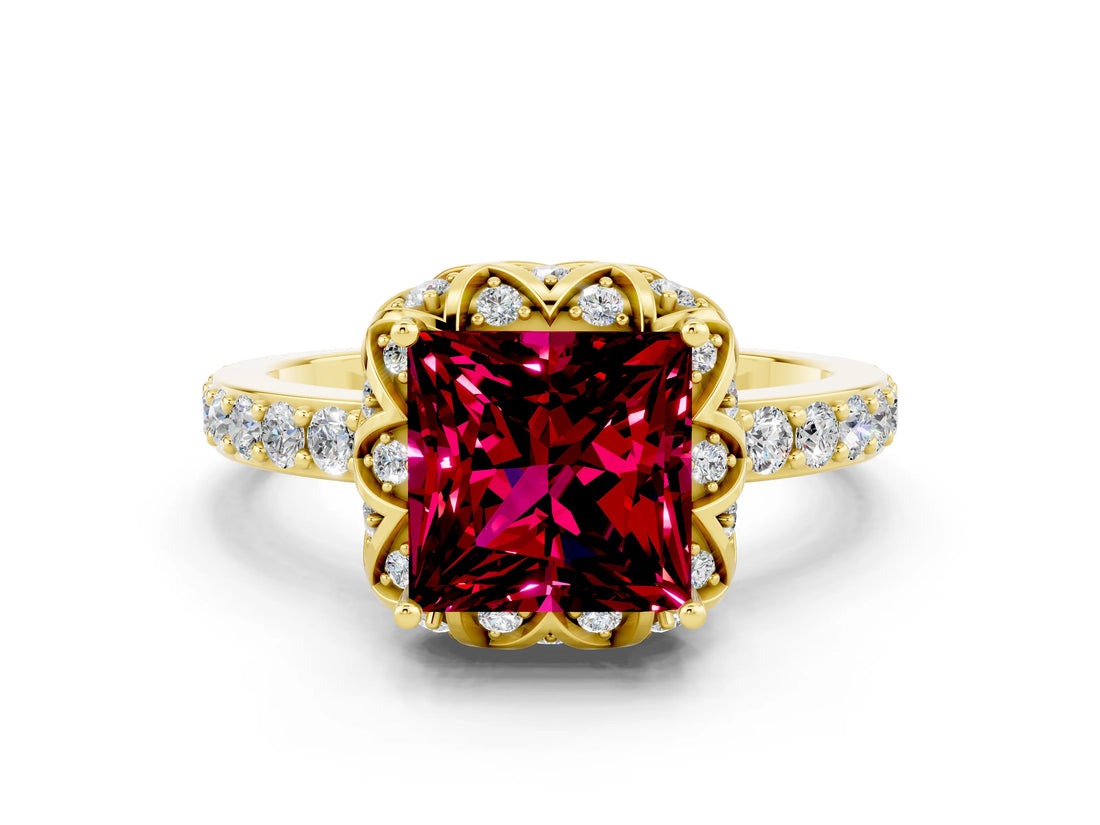 Yellow gold Princess Cut Garnet Scalloped Halo Engagement Ring with Round Shared Prong Band_12