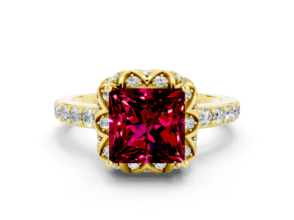 Yellow gold Princess Cut Garnet Scalloped Halo Engagement Ring with Round Shared Prong Band