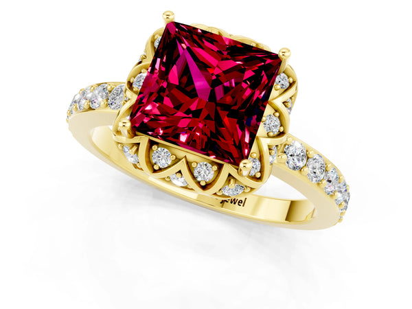 Yellow gold Princess Cut Garnet Scalloped Halo Engagement Ring with Round Shared Prong Band