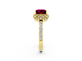 Yellow gold Princess Cut Garnet Scalloped Halo Engagement Ring with Round Shared Prong Band_14