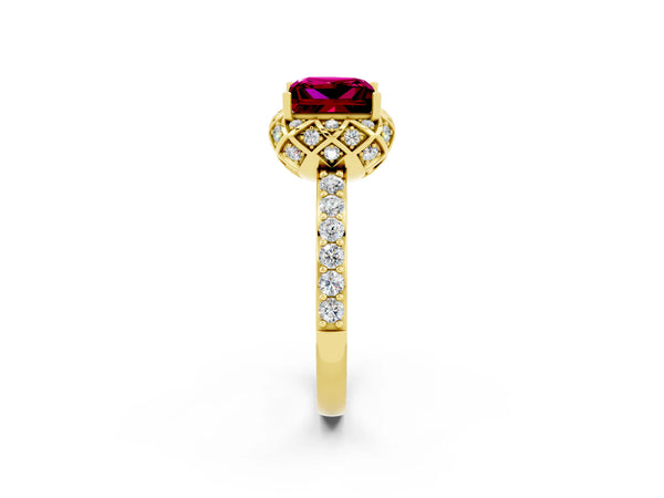 Yellow gold Princess Cut Garnet Scalloped Halo Engagement Ring with Round Shared Prong Band