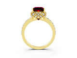 Yellow gold Princess Cut Garnet Scalloped Halo Engagement Ring with Round Shared Prong Band_15