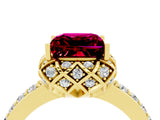 Yellow gold Princess Cut Garnet Scalloped Halo Engagement Ring with Round Shared Prong Band_16