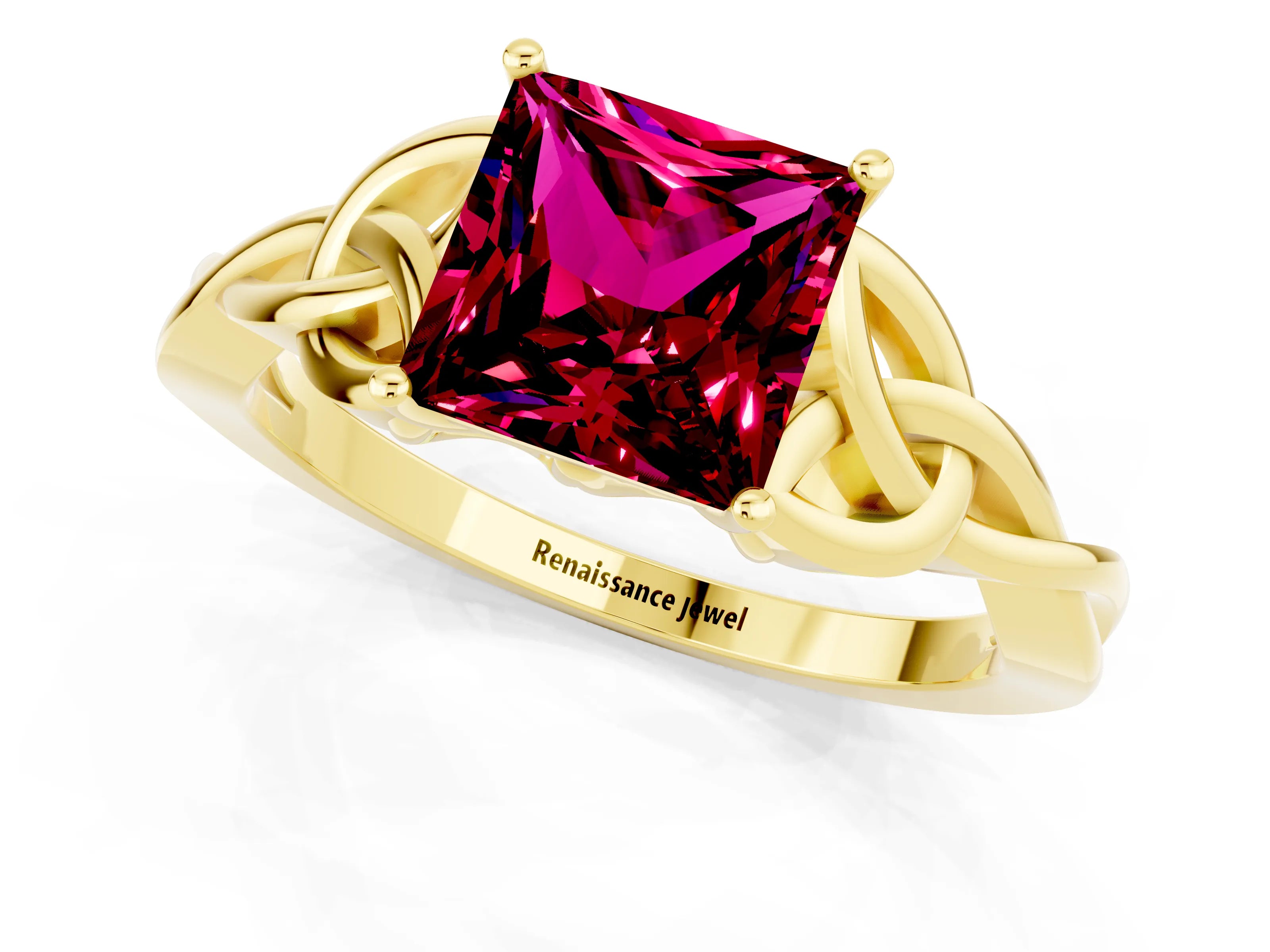 Yellow gold Princess Cut Garnet Solitaire Celtic Knot Ring with Four-Prong Setting_13