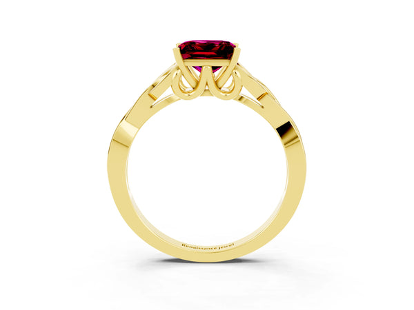 Yellow gold Princess Cut Garnet Solitaire Celtic Knot Ring with Four-Prong Setting