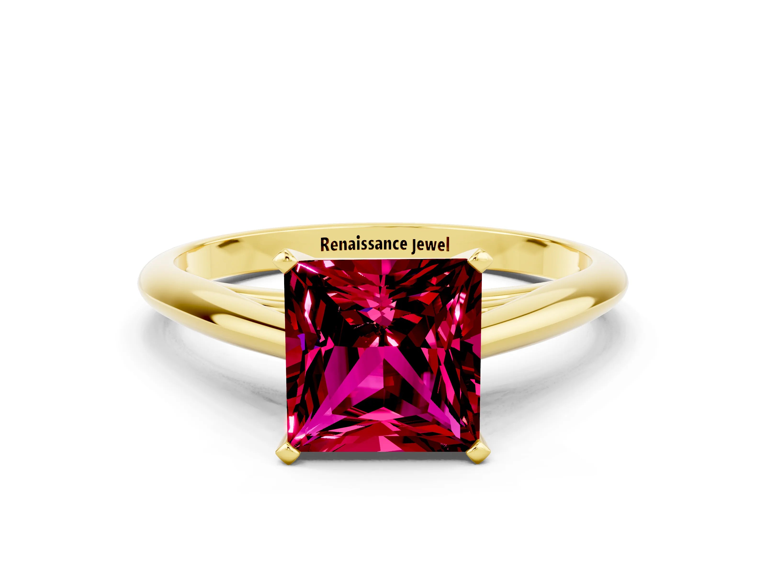 Yellow gold Princess Cut Garnet Solitaire Engagement Ring with Cathedral Setting and Four-Prong Mount_12