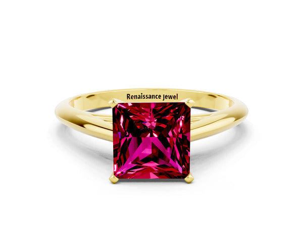 Yellow gold Princess Cut Garnet Solitaire Engagement Ring with Cathedral Setting and Four-Prong Mount