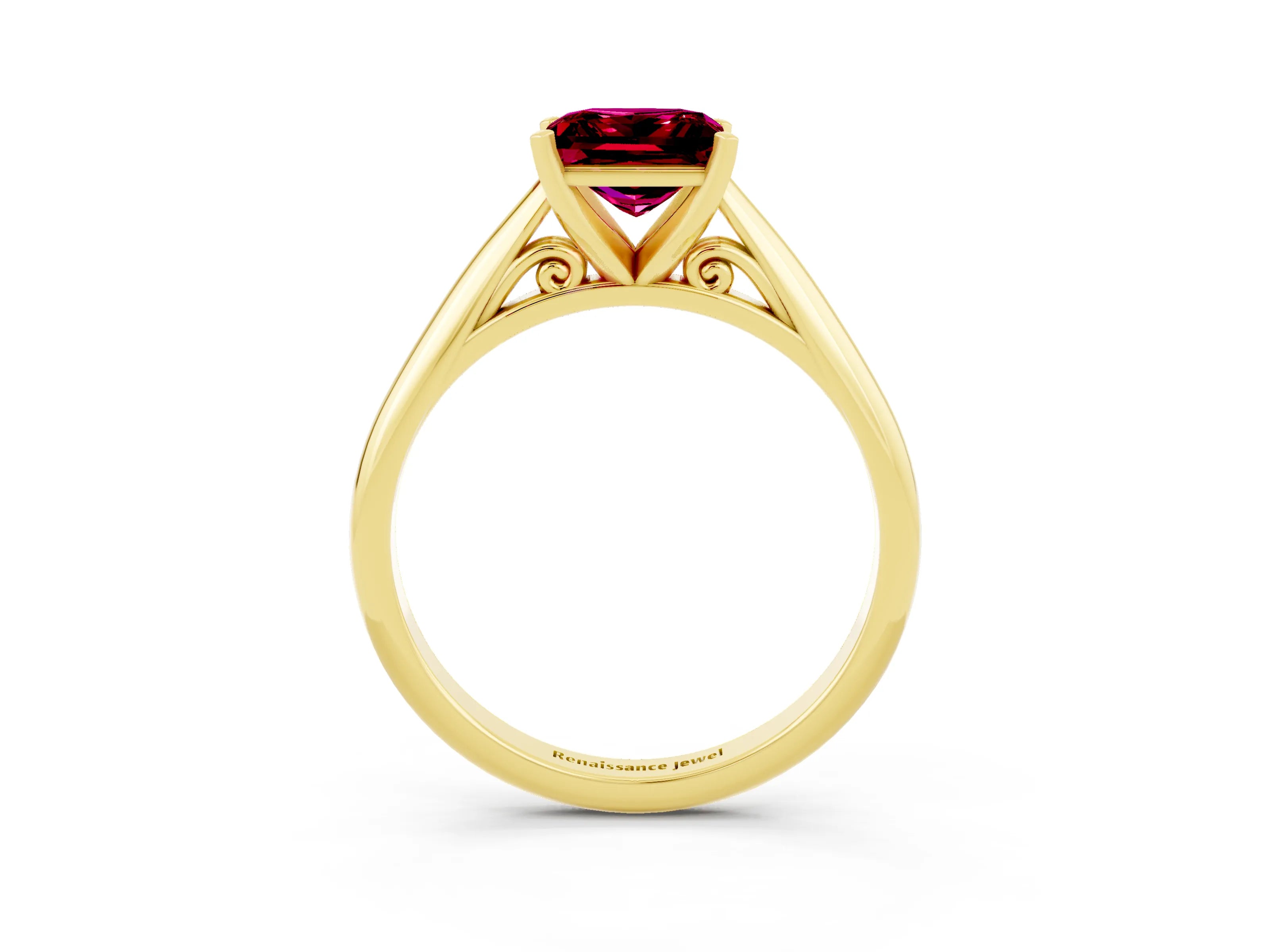Yellow gold Princess Cut Garnet Solitaire Engagement Ring with Cathedral Setting and Four-Prong Mount_15