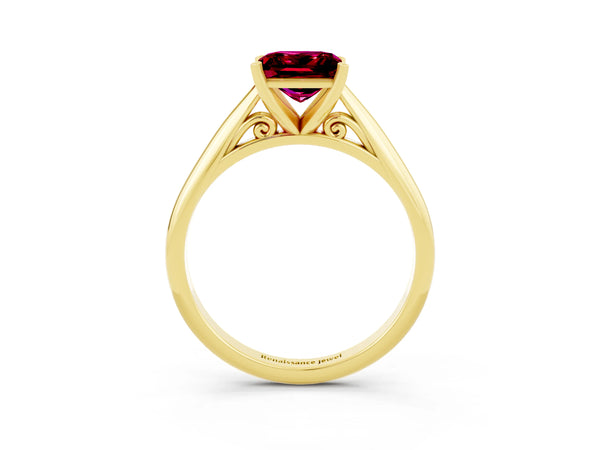 Yellow gold Princess Cut Garnet Solitaire Engagement Ring with Cathedral Setting and Four-Prong Mount