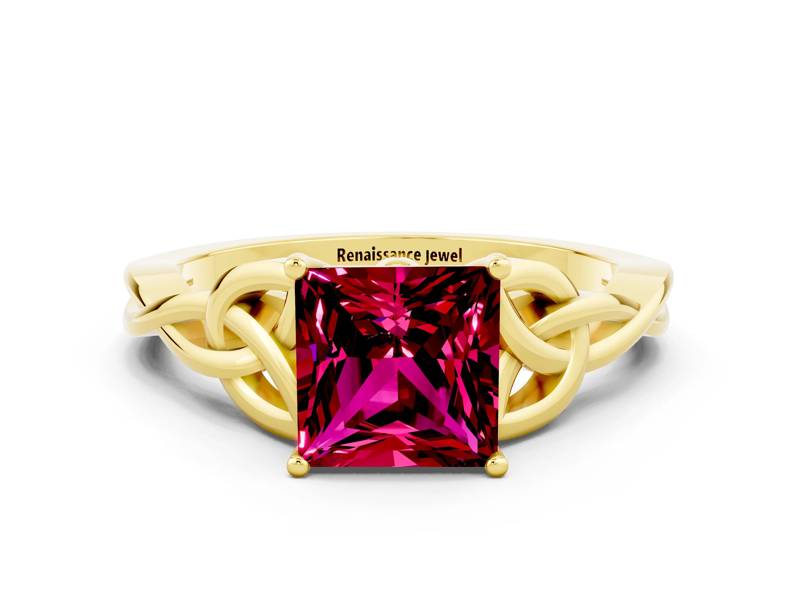 Yellow gold Princess Cut Garnet Solitaire Engagement Ring with Celtic Knot Band and Four-Prong Setting