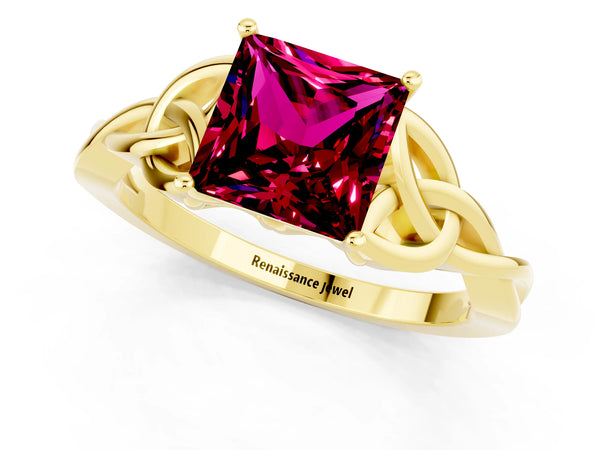 Yellow gold Princess Cut Garnet Solitaire Engagement Ring with Celtic Knot Band and Four-Prong Setting