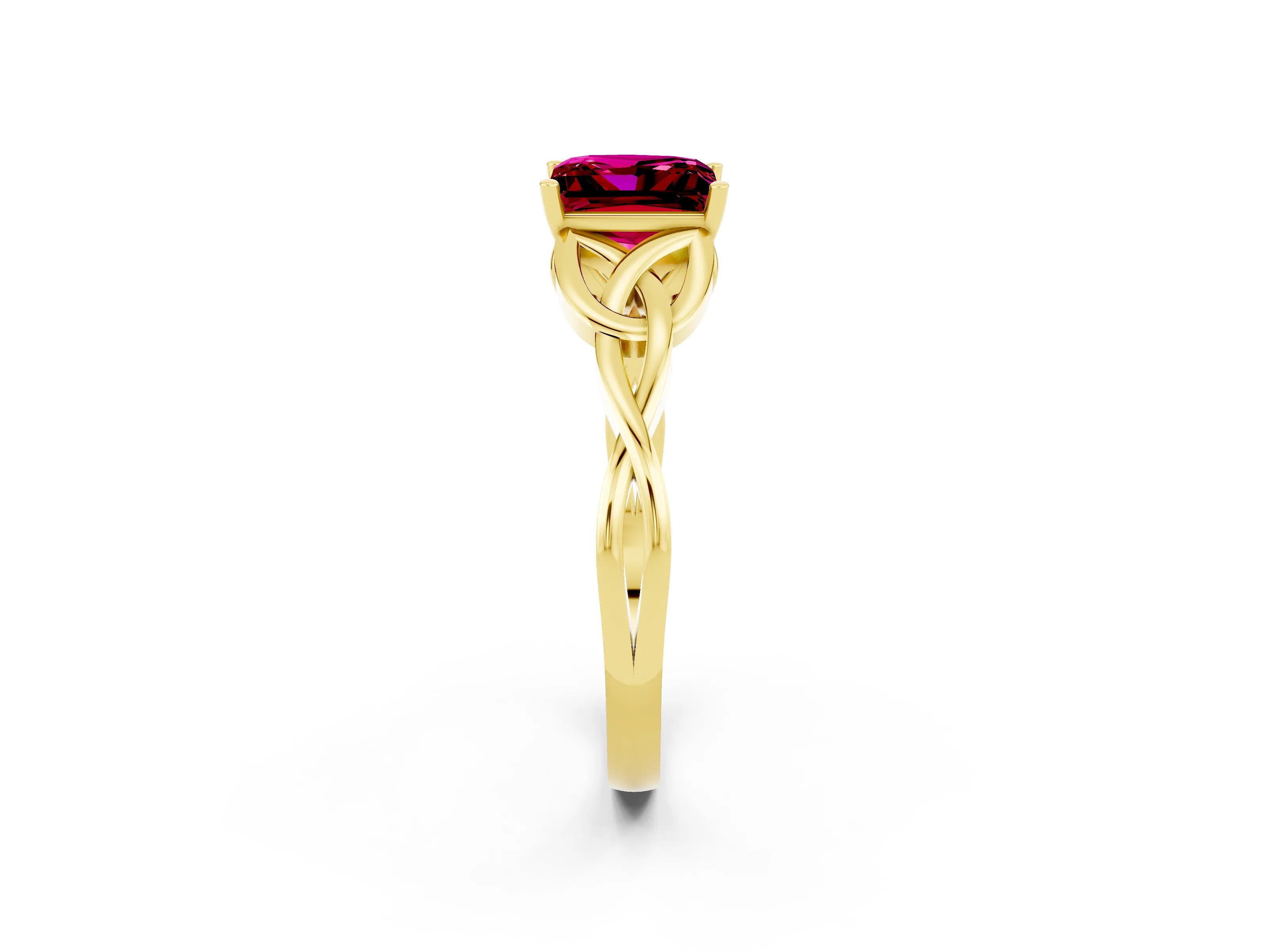 Yellow gold Princess Cut Garnet Solitaire Engagement Ring with Celtic Knot Band and Four-Prong Setting_2