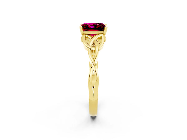 Yellow gold Princess Cut Garnet Solitaire Engagement Ring with Celtic Knot Band and Four-Prong Setting