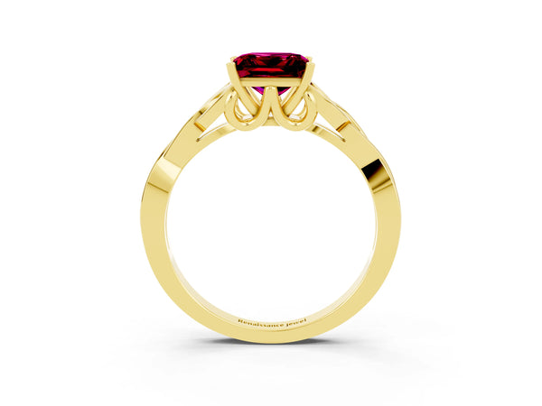 Yellow gold Princess Cut Garnet Solitaire Engagement Ring with Celtic Knot Band and Four-Prong Setting