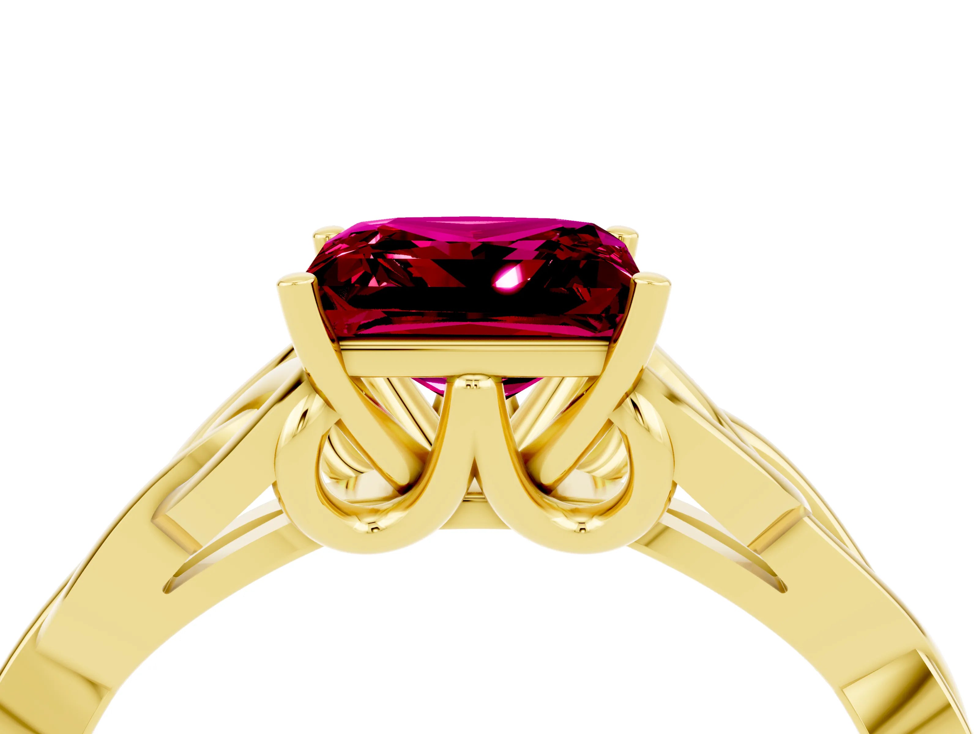 Yellow gold Princess Cut Garnet Solitaire Engagement Ring with Celtic Knot Band and Four-Prong Setting_4