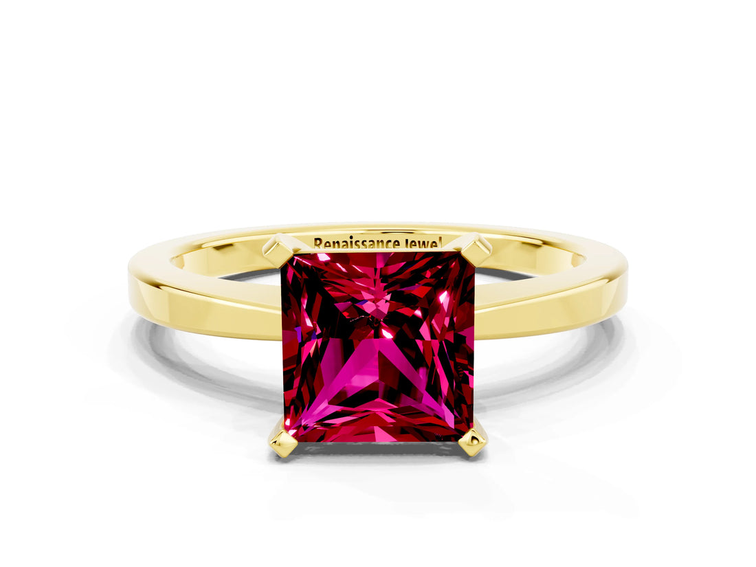 Yellow gold Princess Cut Garnet Solitaire Engagement Ring with Classic Band and Four-Prong Setting_24