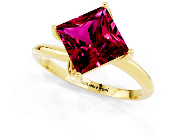 Yellow gold Princess Cut Garnet Solitaire Engagement Ring with Four-Prong Setting and Classic Band