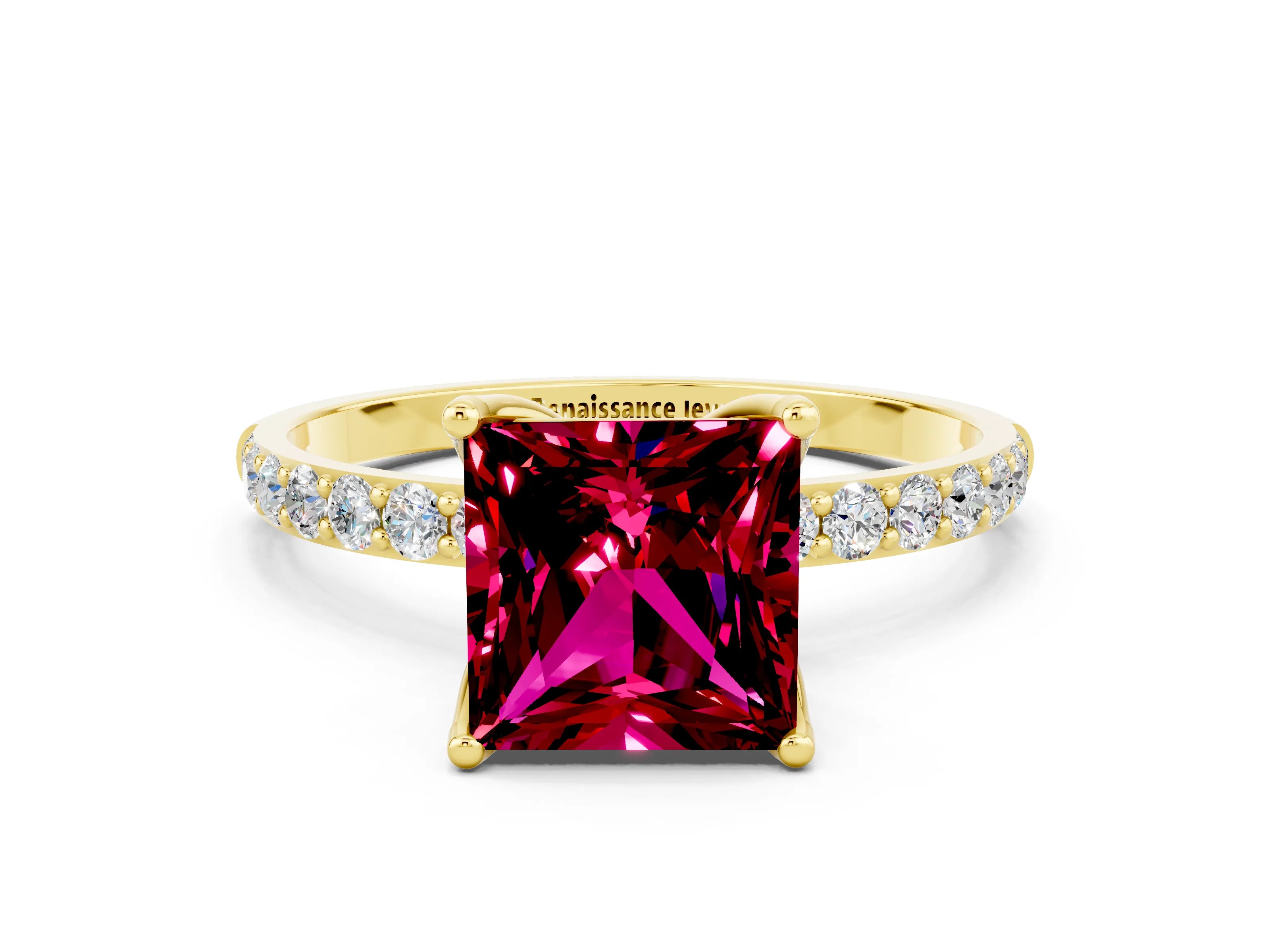 Yellow gold Princess Cut Garnet Solitaire Engagement Ring with Pavé Band and Prong Setting
