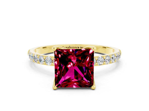 Yellow gold Princess Cut Garnet Solitaire Engagement Ring with Round  Pavé Band and Prong Setting