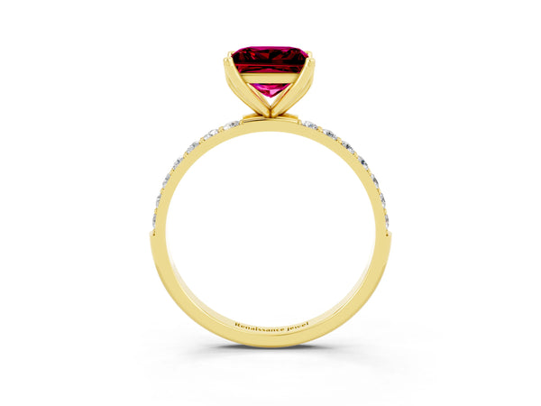 Yellow gold Princess Cut Garnet Solitaire Engagement Ring with Round  Pavé Band and Prong Setting