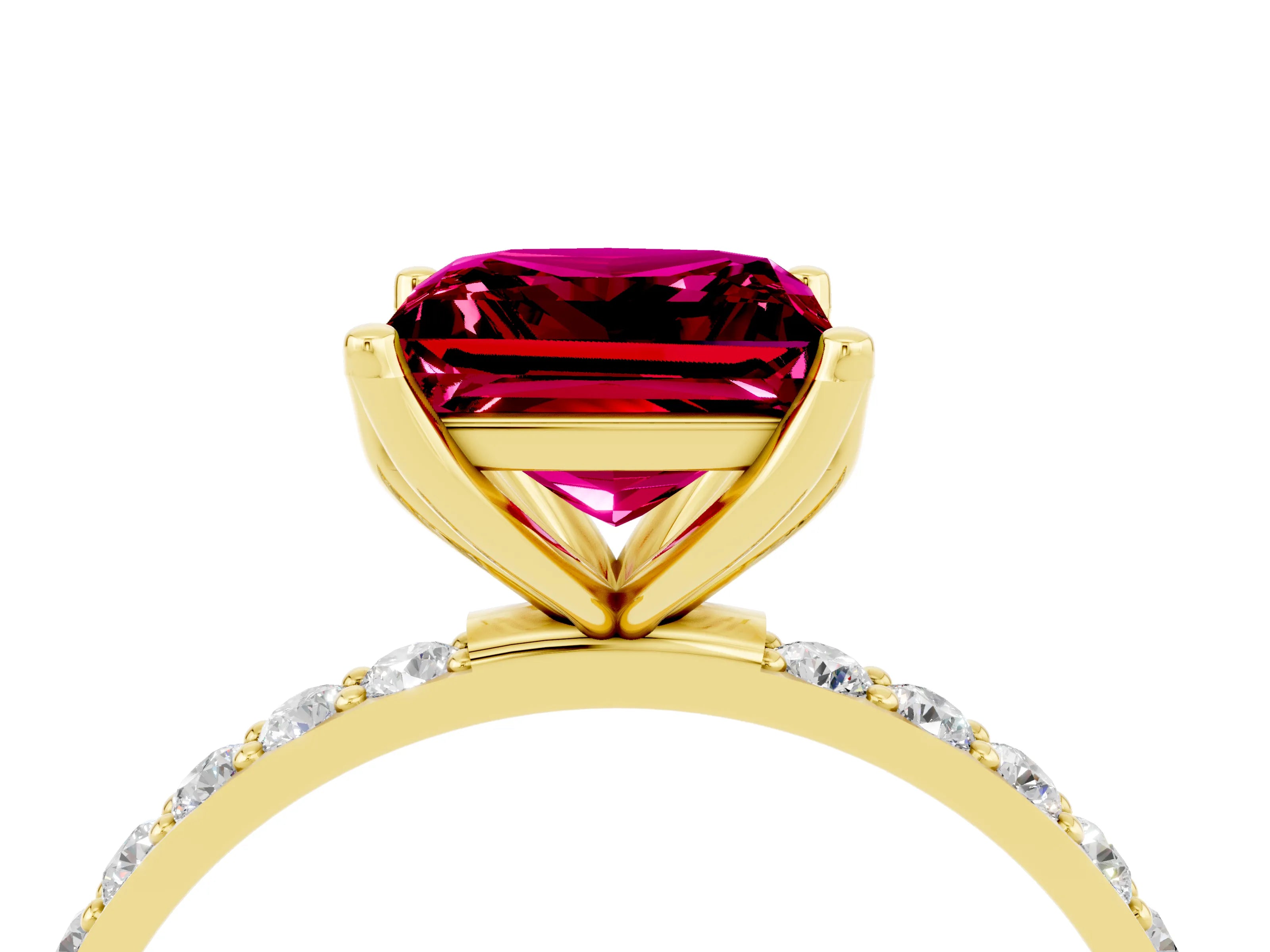 Yellow gold Princess Cut Garnet Solitaire Engagement Ring with Pavé Band and Prong Setting_4