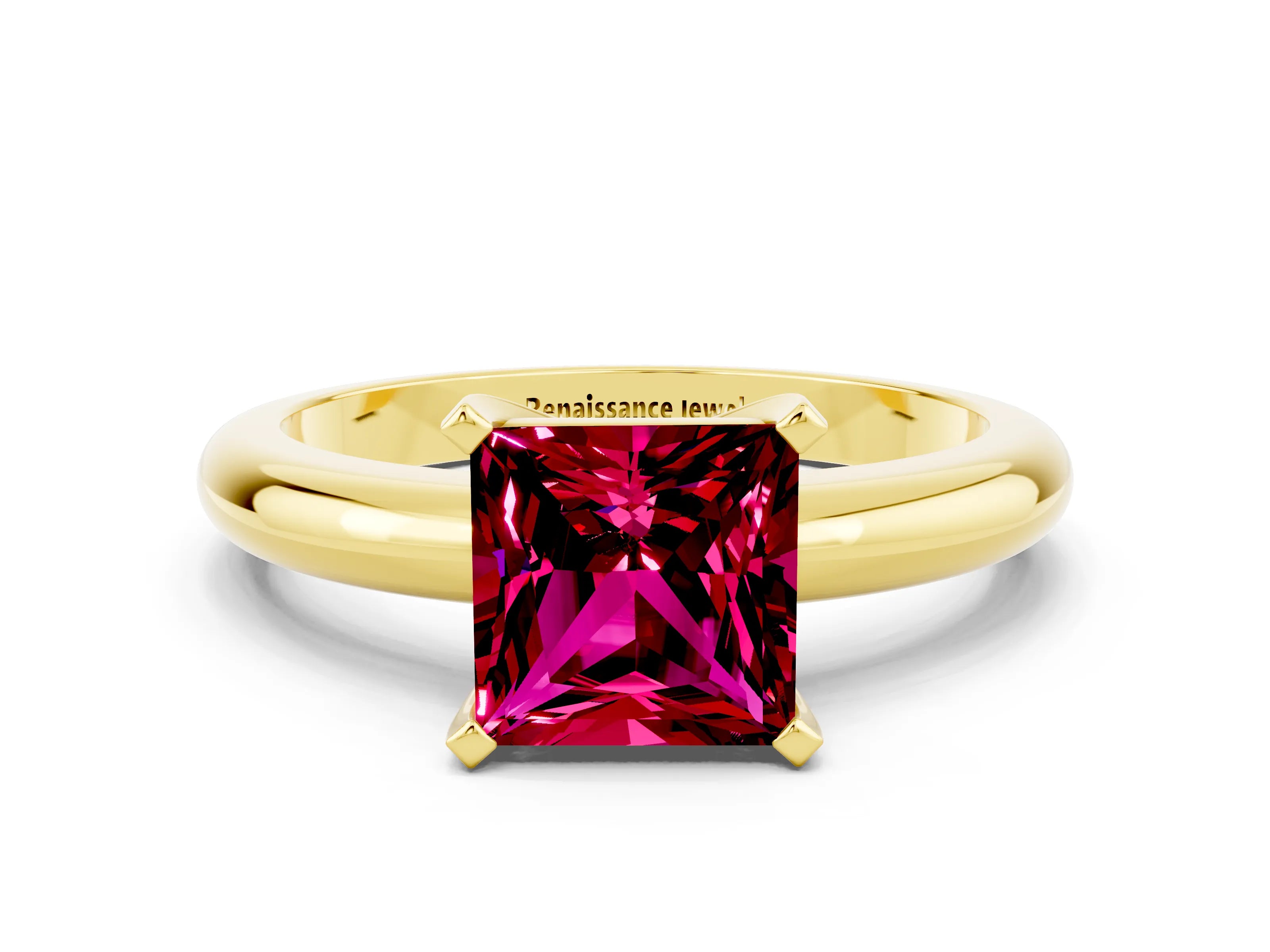 Yellow gold Princess Cut Garnet Solitaire Engagement Ring with Round Band and Four-Prong Setting