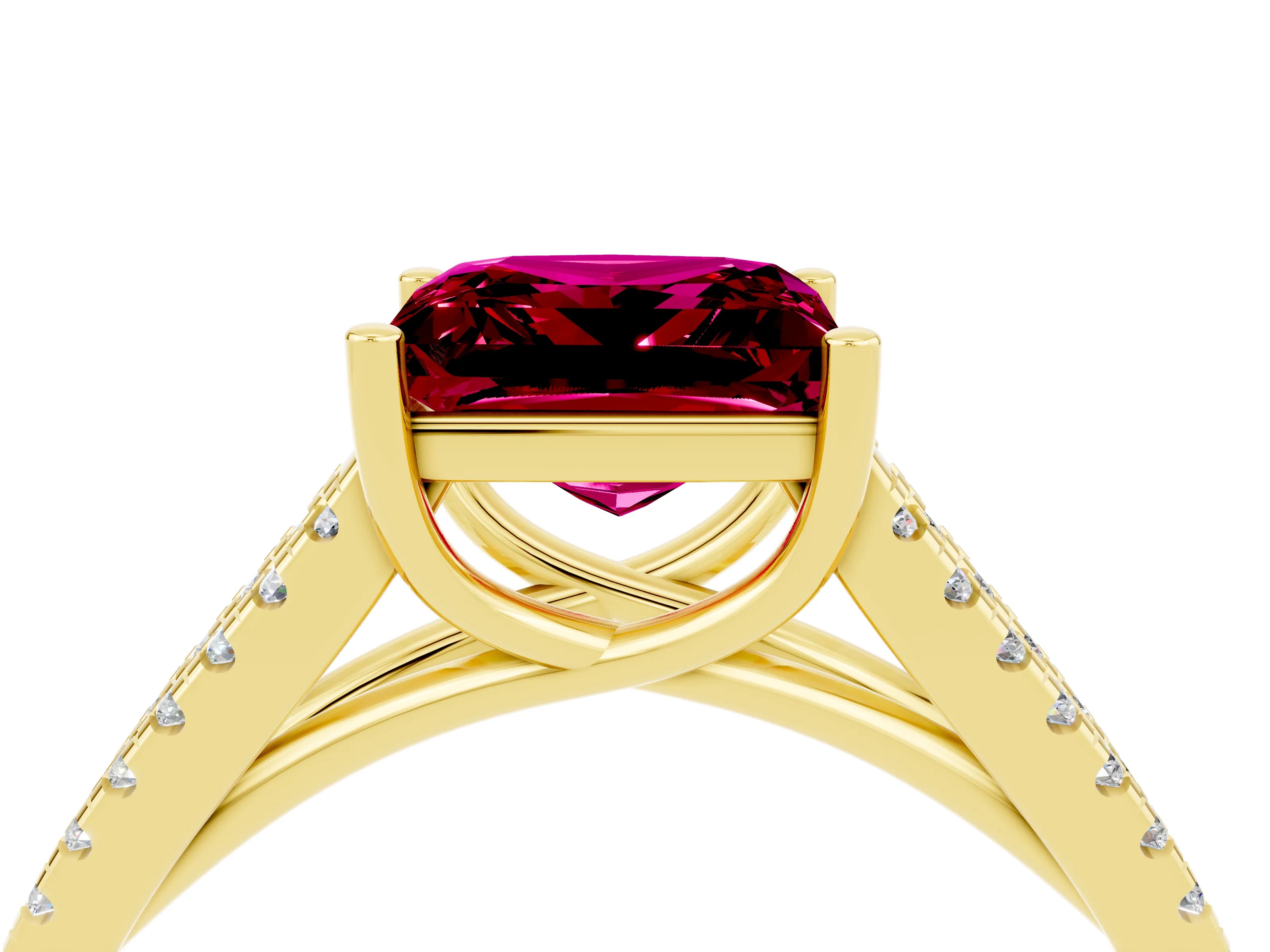 Yellow gold Princess Cut Garnet Solitaire Engagement Ring with Split Shank Pavé Band_4