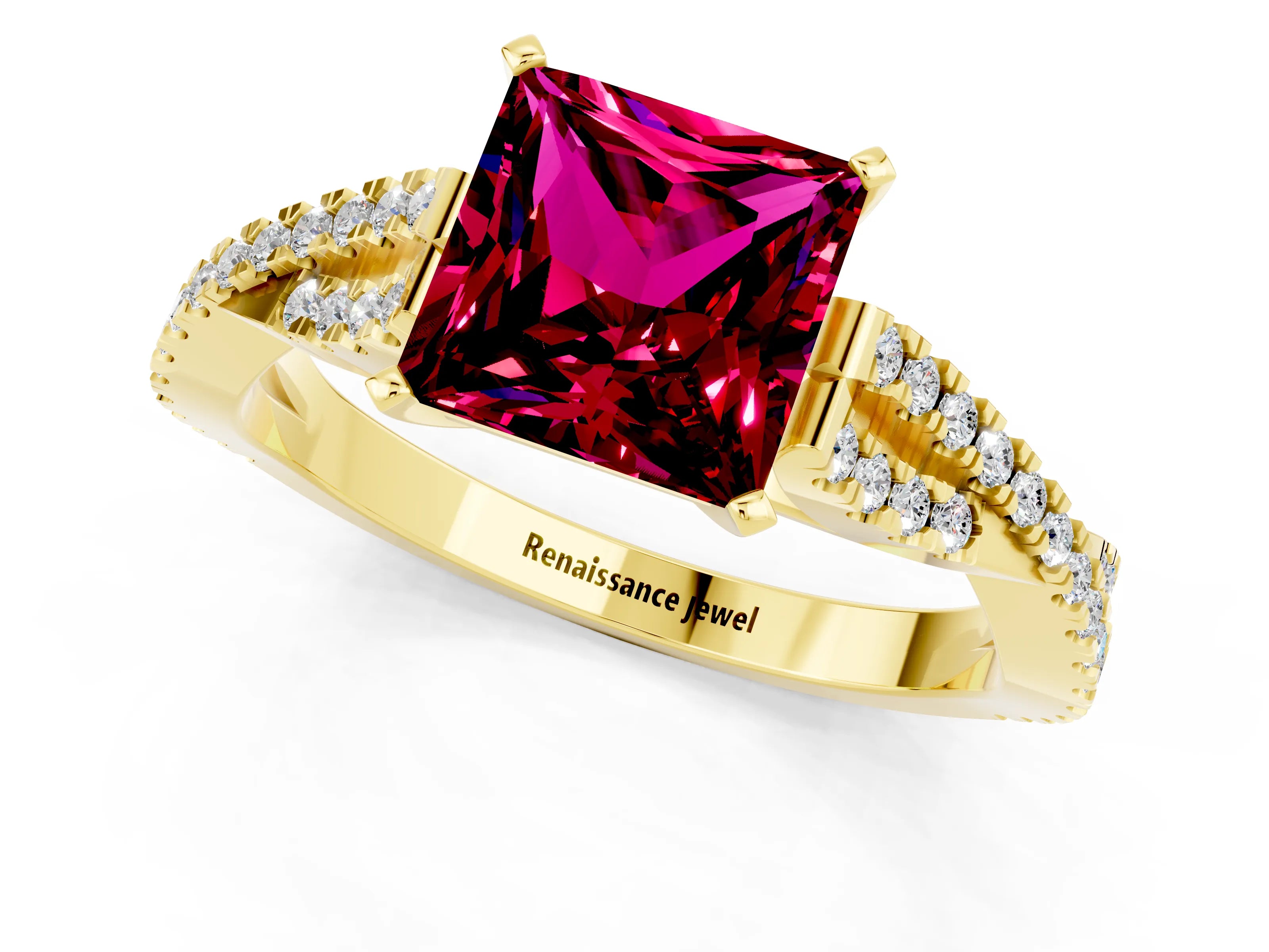 Yellow gold Princess Cut Garnet Solitaire Engagement Ring with Twisted Pavé Band and Four-Prong Setting_13