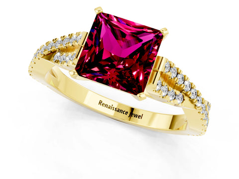 Yellow gold Princess Cut Garnet Solitaire Engagement Ring with Twisted Pavé Band and Four-Prong Setting_13