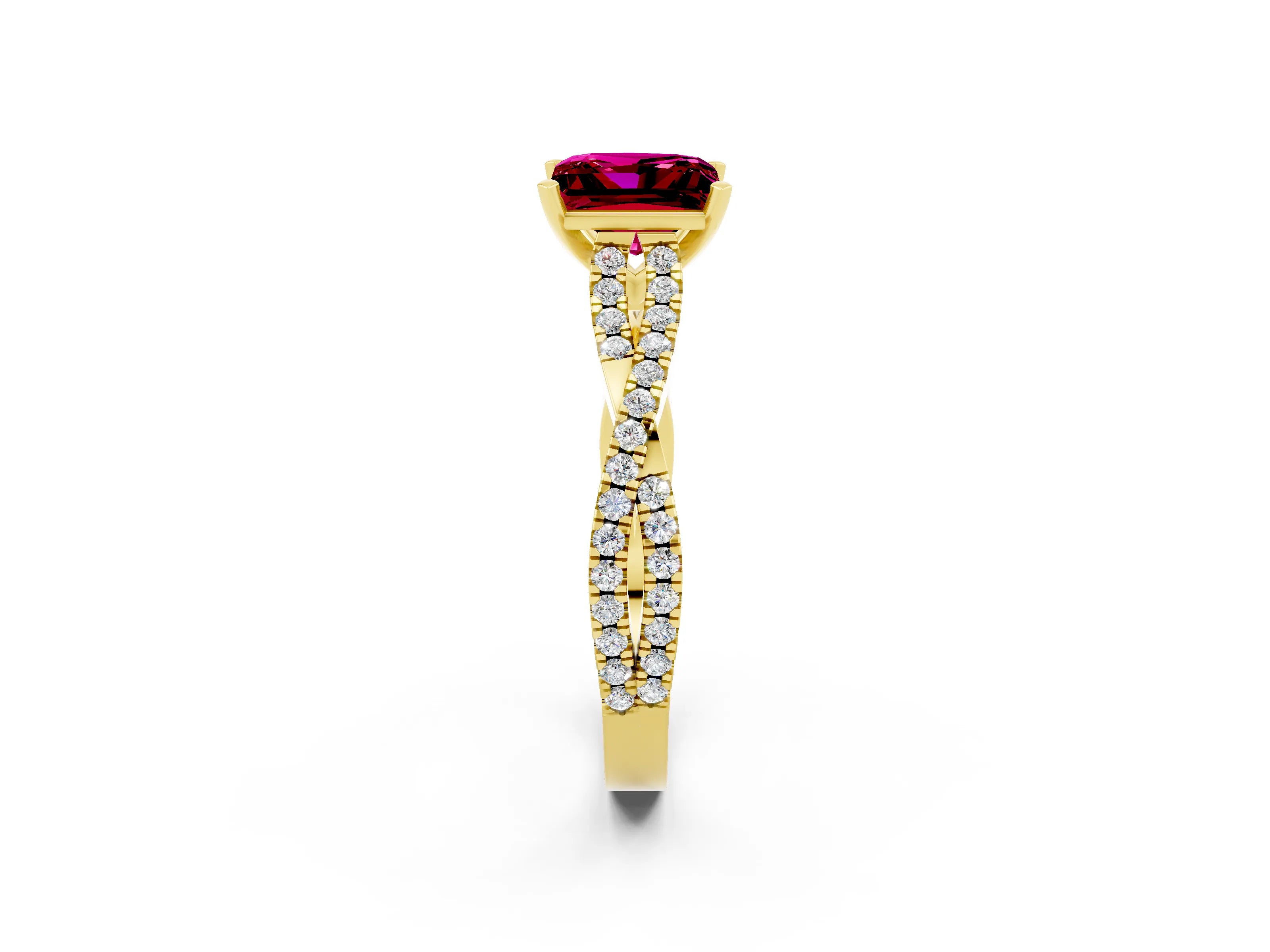 Yellow gold Princess Cut Garnet Solitaire Engagement Ring with Twisted Pavé Band and Four-Prong Setting_14