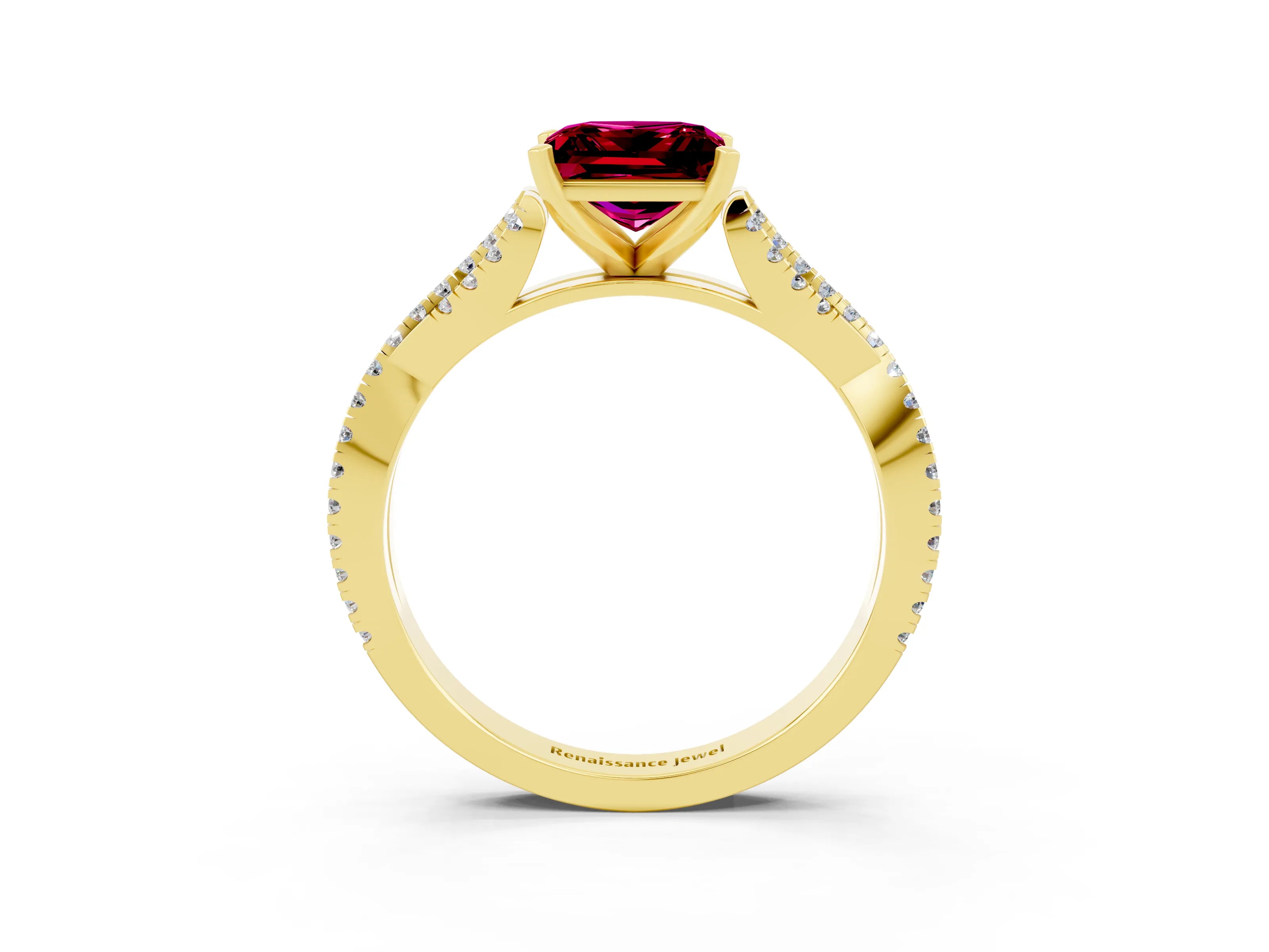 Yellow gold Princess Cut Garnet Solitaire Engagement Ring with Twisted Pavé Band and Four-Prong Setting_15