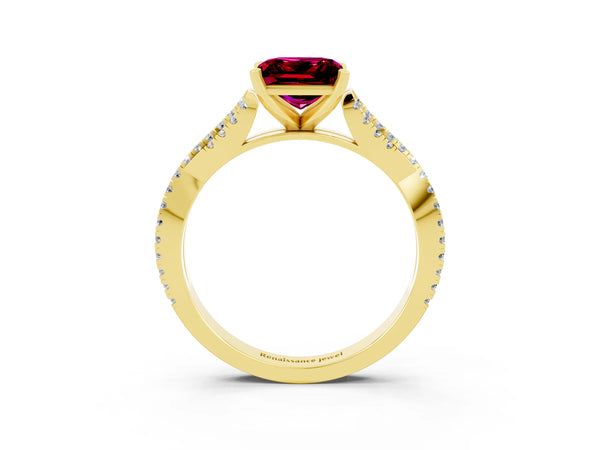 Yellow gold Princess Cut Garnet Solitaire Engagement Ring with Twisted Pavé Band and Four-Prong Setting